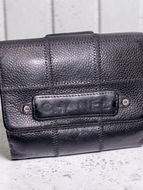 CHANEL Black Quilted Pebbled Leather Wallet Clutch with Embossed Logo